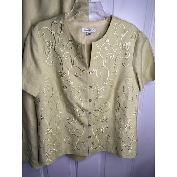 Coldwater Creek Mint Green 2-piece Blazer Skirt Embroidery Sz W18 Linen Blend - Picture 2 of 10